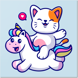 Cute Cat Riding Unicorn Cartoon Posters and Art